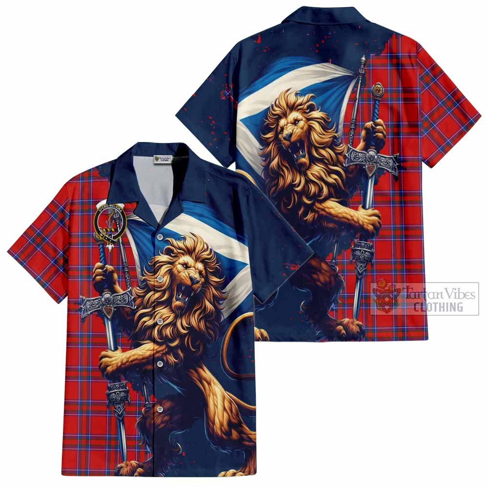 Tartan Vibes Clothing Rait Tartan Family Crest Short Sleeve Button Shirt with Scottish Majestic Lion