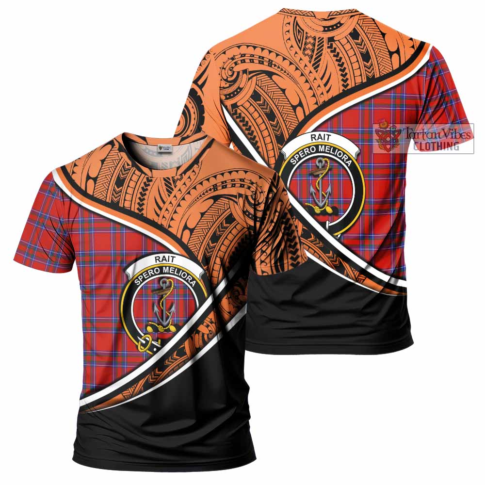 Tartan Vibes Clothing Rait Crest Tartan T-Shirt with Maori Tattoo Style - Orange Version