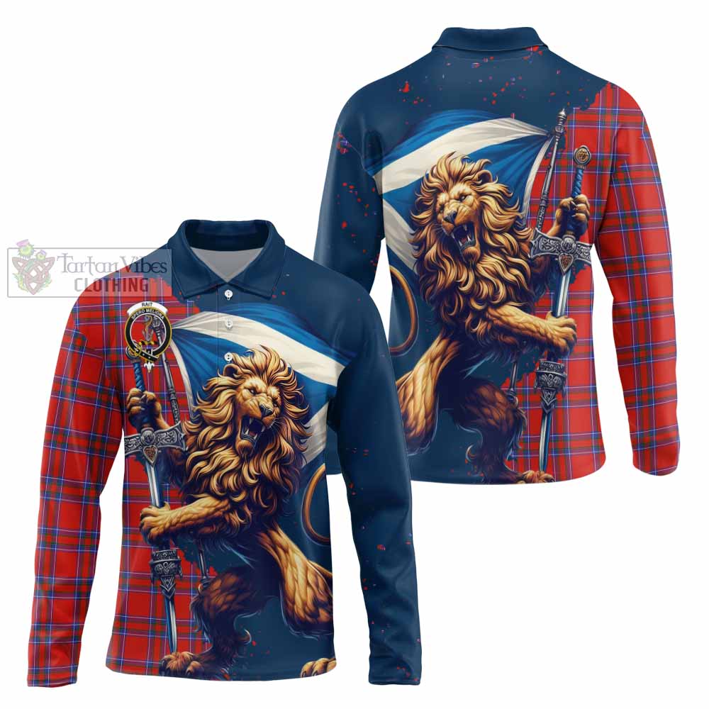 Tartan Vibes Clothing Rait Tartan Family Crest Long Sleeve Polo Shirt with Scottish Majestic Lion