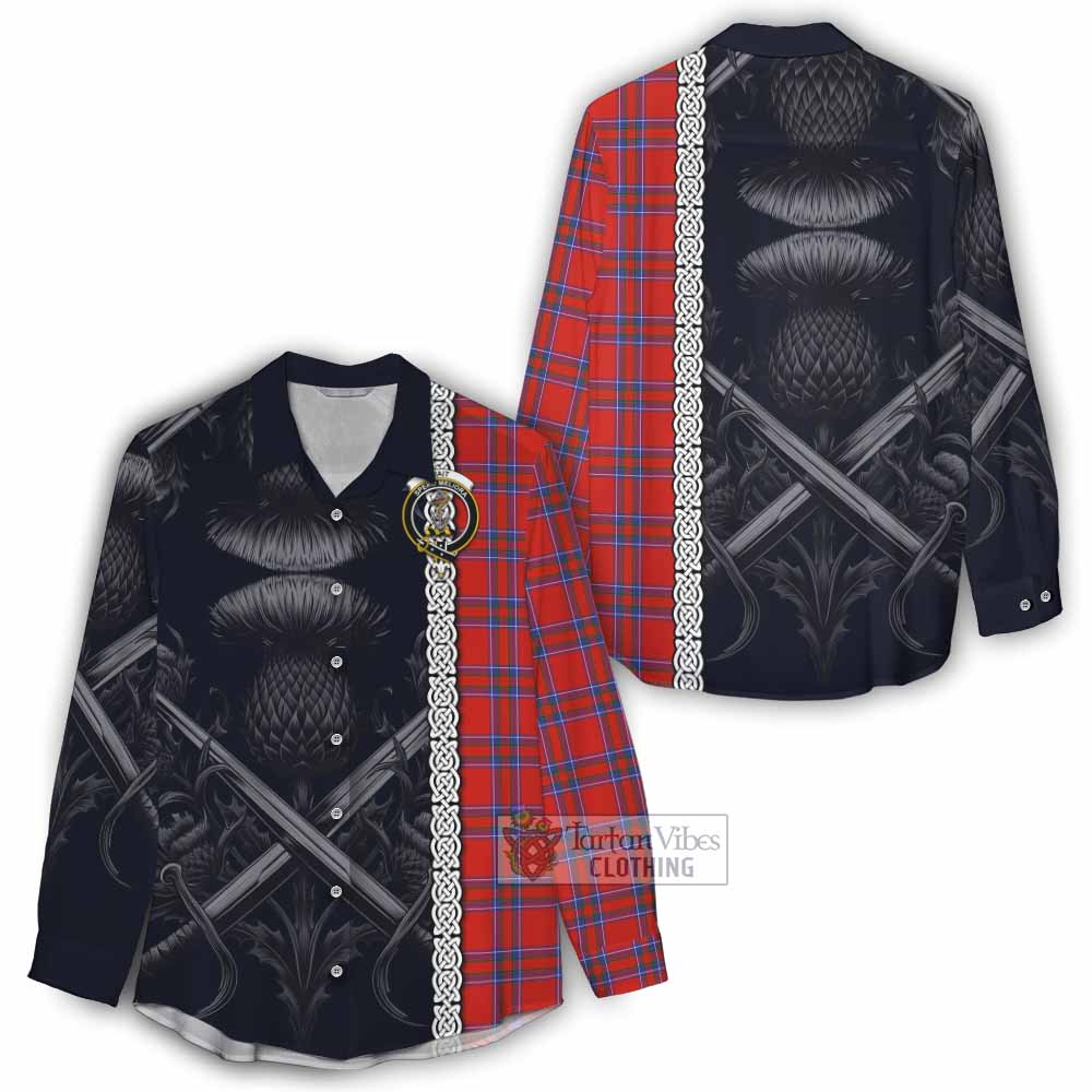 Tartan Vibes Clothing Rait Tartan Women's Casual Shirt with Family Crest Cross Sword Thistle Celtic Vibes