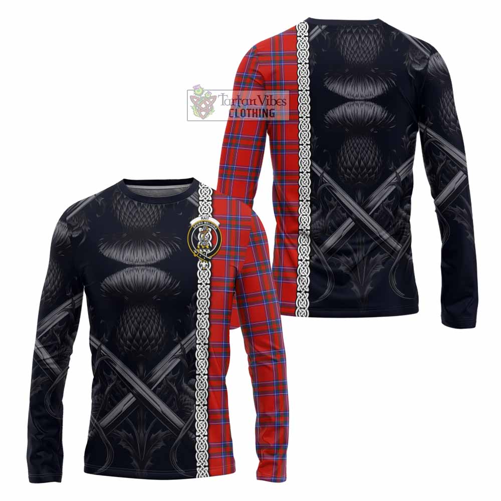 Tartan Vibes Clothing Rait Tartan Long Sleeve T-Shirt with Family Crest Cross Sword Thistle Celtic Vibes