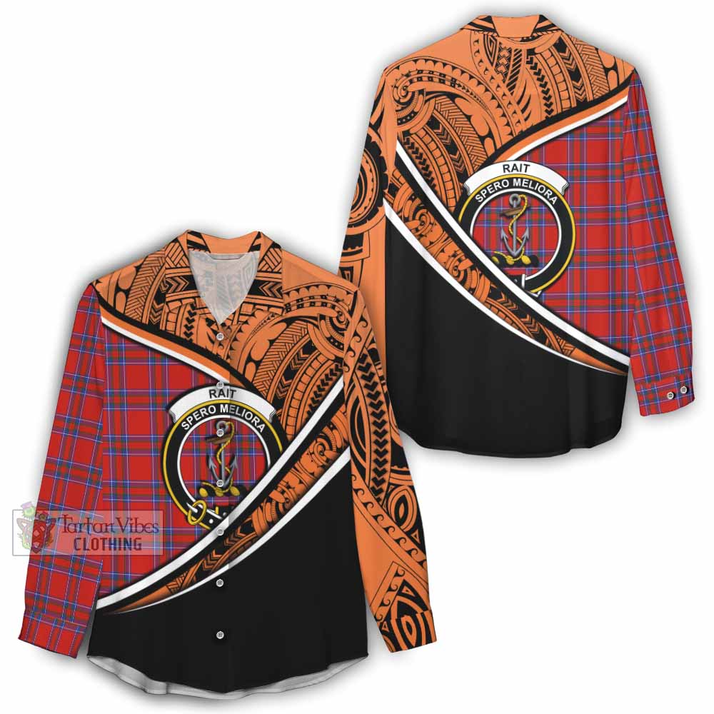 Tartan Vibes Clothing Rait Crest Tartan Women's Casual Shirt with Maori Tattoo Style - Orange Version