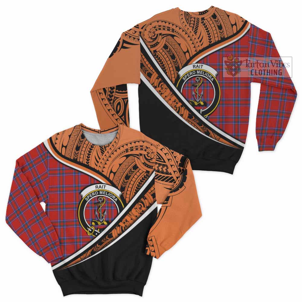 Tartan Vibes Clothing Rait Crest Tartan Sweatshirt with Maori Tattoo Style - Orange Version