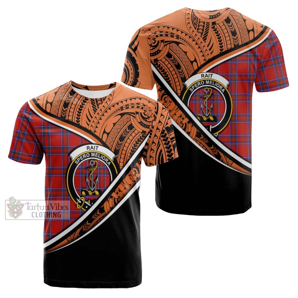 Tartan Vibes Clothing Rait Crest Tartan Cotton T-shirt with Maori Tattoo Style - Orange Version