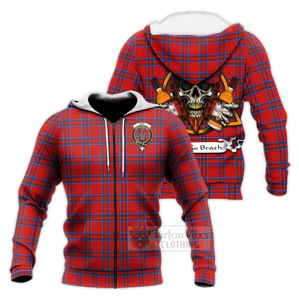 Tartan Vibes Clothing Rait Tartan Knitted Hoodie with Family Crest and Bearded Skull Holding Bottles of Whiskey