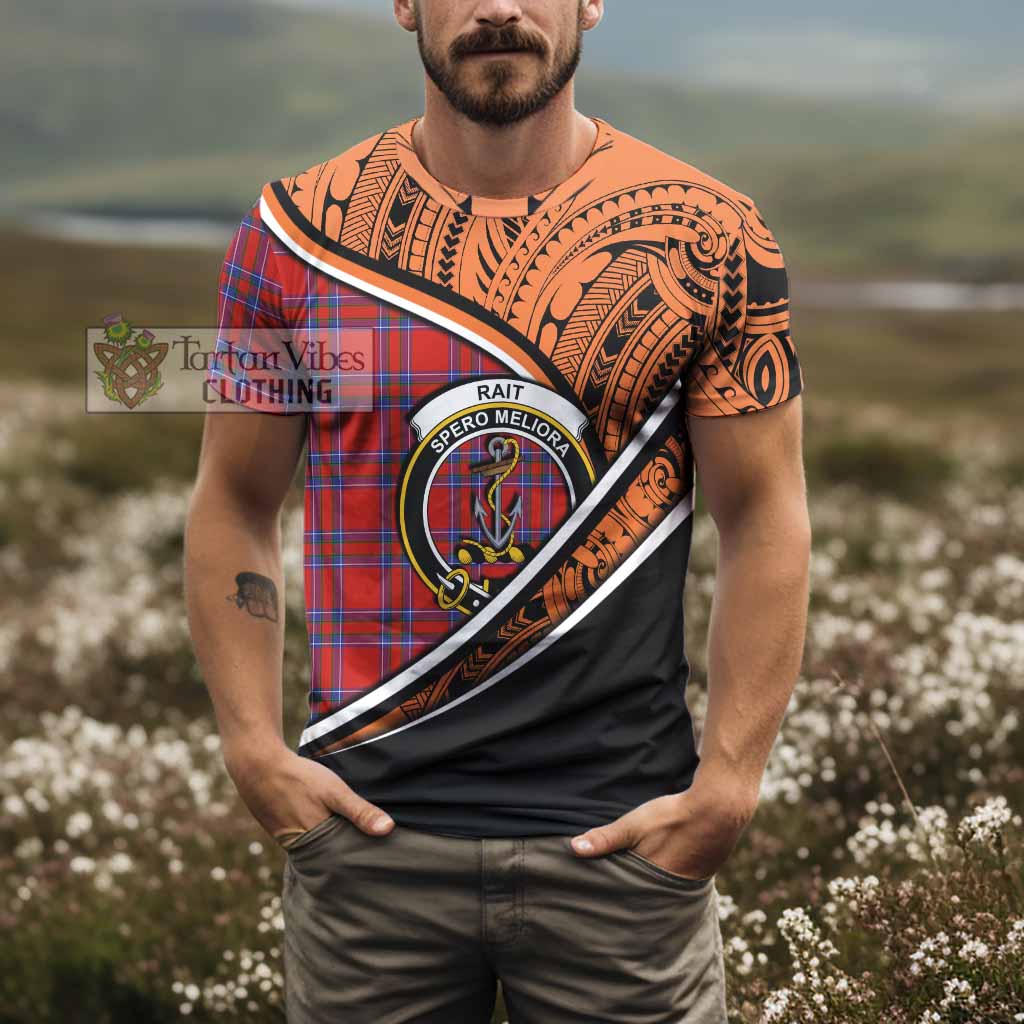 Tartan Vibes Clothing Rait Crest Tartan T-Shirt with Maori Tattoo Style - Orange Version