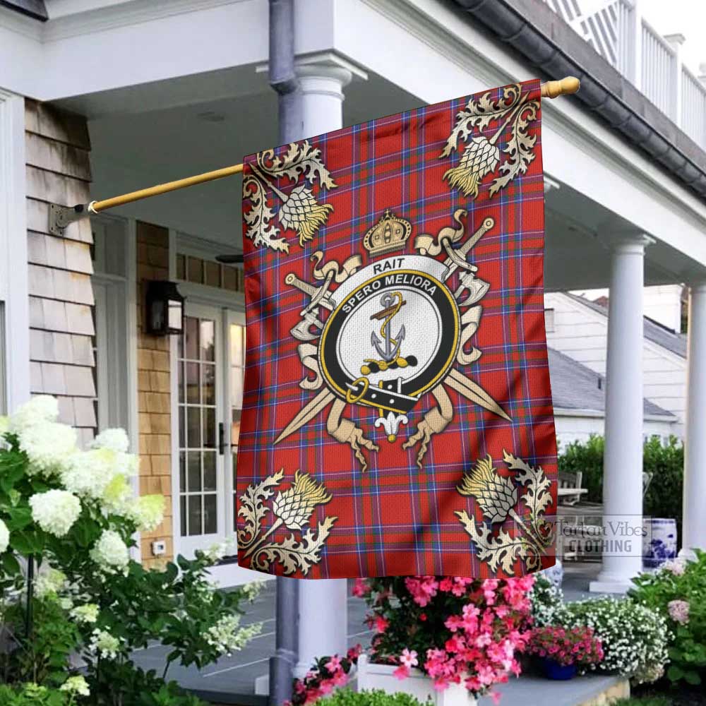 Tartan Vibes Clothing Rait Tartan Flag with Family Crest and Golden Thistle Crossed Sword Design