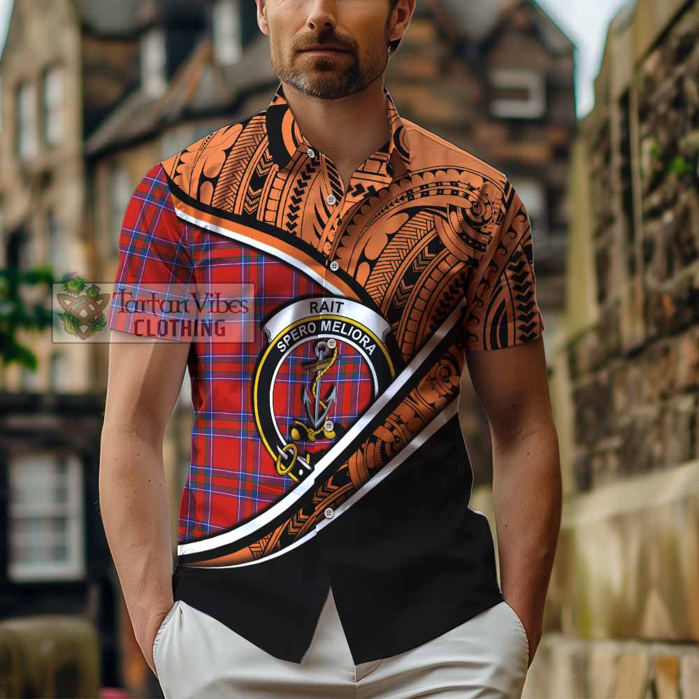 Tartan Vibes Clothing Rait Crest Tartan Short Sleeve Button Shirt with Maori Tattoo Style - Orange Version