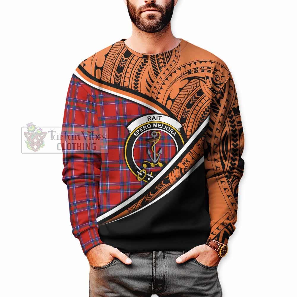 Tartan Vibes Clothing Rait Crest Tartan Sweatshirt with Maori Tattoo Style - Orange Version