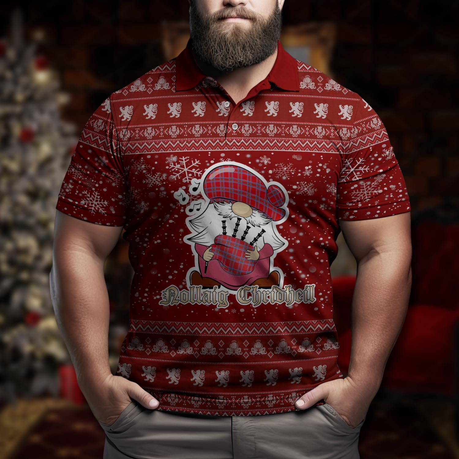 Rait Clan Christmas Family Polo Shirt with Funny Gnome Playing Bagpipes Men's Polo Shirt Red - Tartanvibesclothing