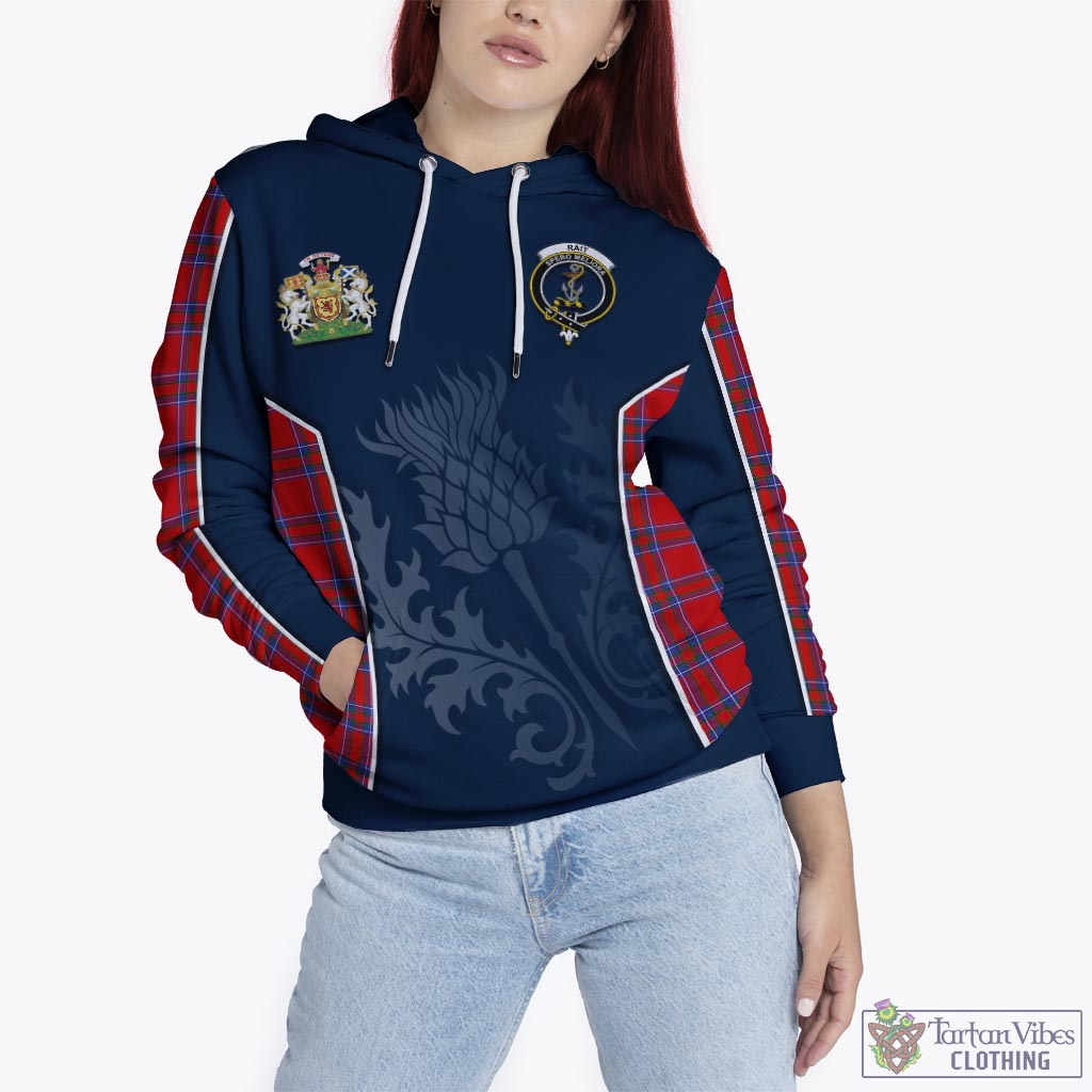 Tartan Vibes Clothing Rait Tartan Hoodie with Family Crest and Scottish Thistle Vibes Sport Style