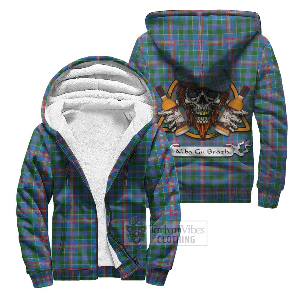 Tartan Vibes Clothing Ralston Tartan Sherpa Hoodie with Family Crest and Bearded Skull Holding Bottles of Whiskey