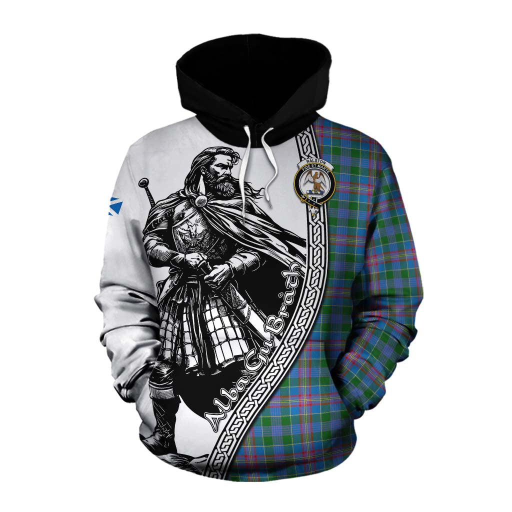 Tartan Vibes Clothing Ralston Tartan Clan Crest Cotton Hoodie with Highlander Warrior Celtic Style