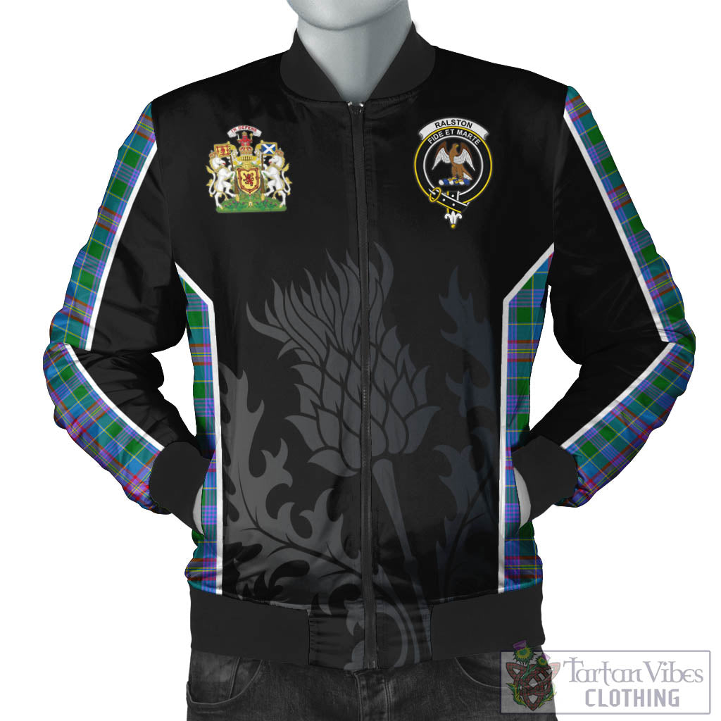 Tartan Vibes Clothing Ralston Tartan Bomber Jacket with Family Crest and Scottish Thistle Vibes Sport Style