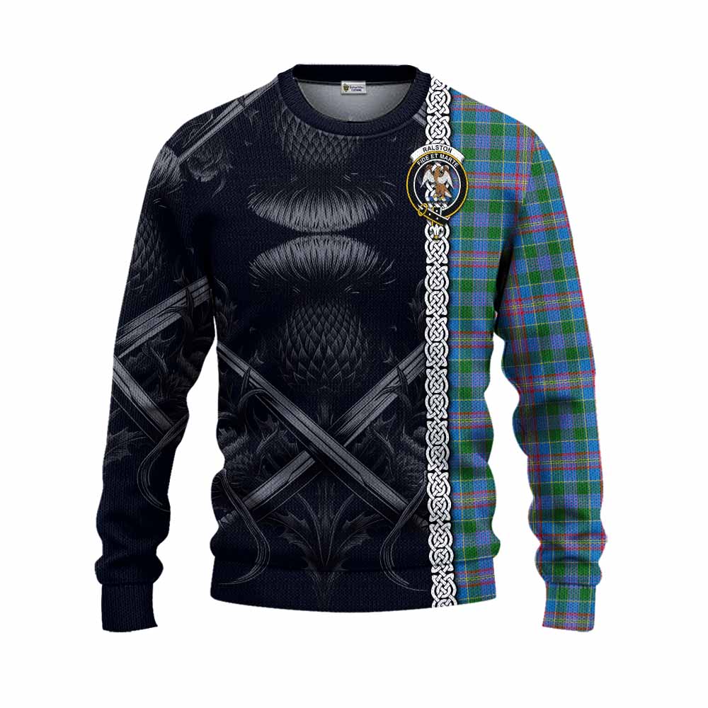 Tartan Vibes Clothing Ralston Tartan Knitted Sweater with Family Crest Cross Sword Thistle Celtic Vibes