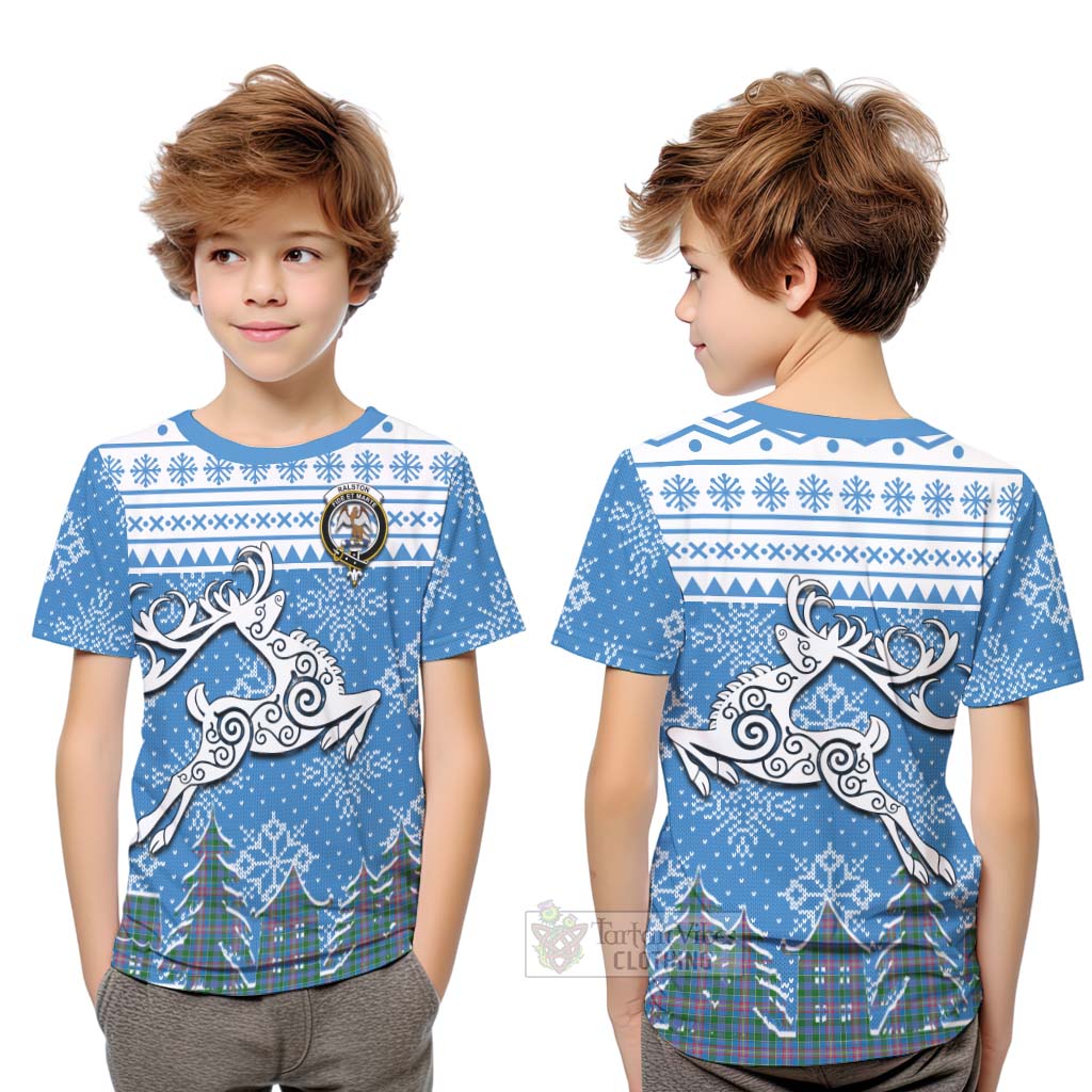 Tartan Vibes Clothing Ralston Clan Christmas Kid T-Shirt Celtic Reindeer Style