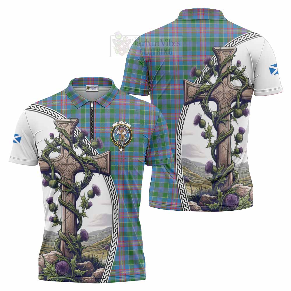 Tartan Vibes Clothing Ralston Tartan Zipper Polo Shirt with Family Crest and St. Andrew's Cross Accented by Thistle Vines