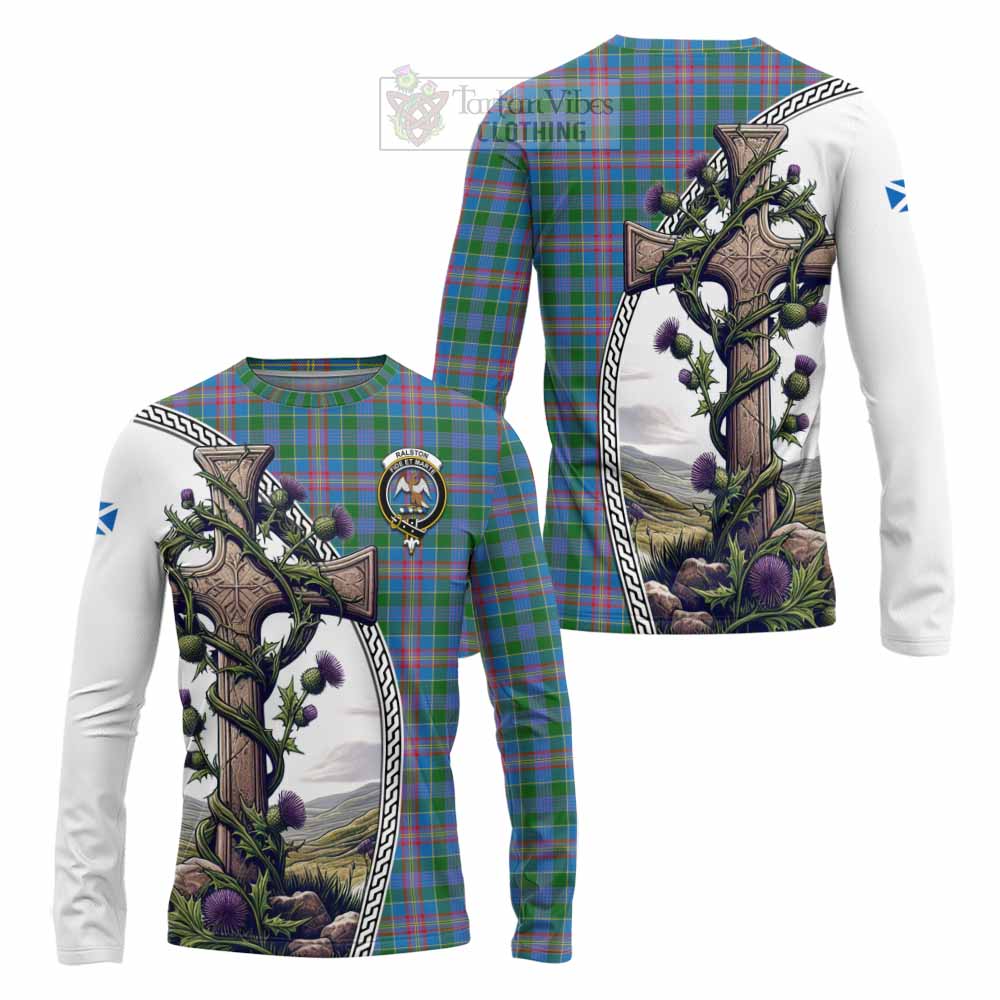 Tartan Vibes Clothing Ralston Tartan Long Sleeve T-Shirt with Family Crest and St. Andrew's Cross Accented by Thistle Vines