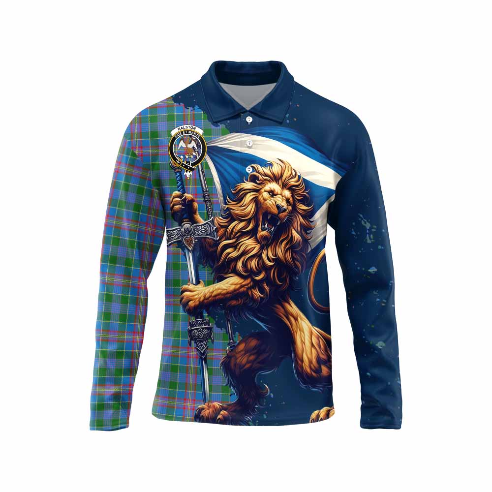 Tartan Vibes Clothing Ralston Tartan Family Crest Long Sleeve Polo Shirt with Scottish Majestic Lion