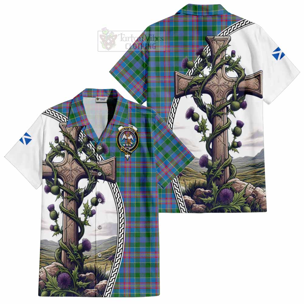 Tartan Vibes Clothing Ralston Tartan Short Sleeve Button Shirt with Family Crest and St. Andrew's Cross Accented by Thistle Vines