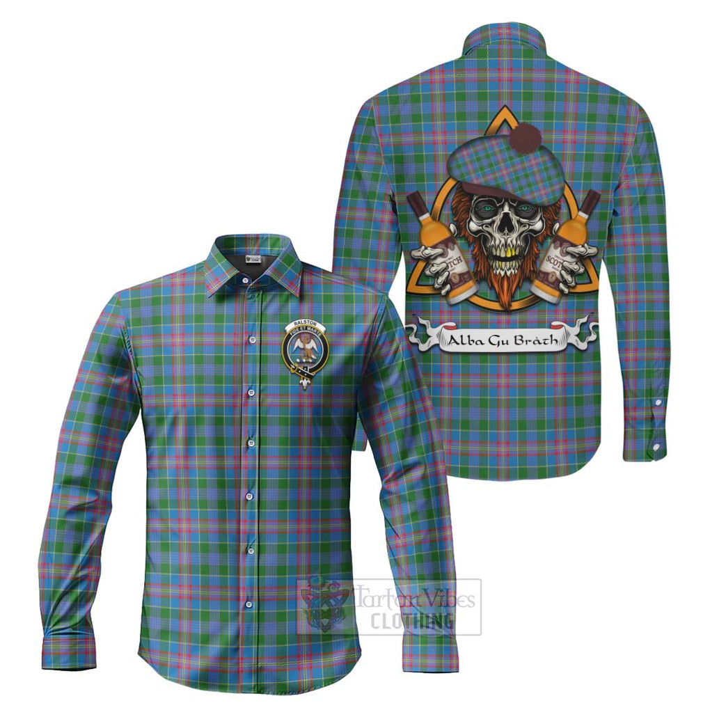 Tartan Vibes Clothing Ralston Tartan Long Sleeve Button Shirt with Family Crest and Bearded Skull Holding Bottles of Whiskey