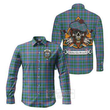 Ralston Tartan Long Sleeve Button Shirt with Family Crest and Bearded Skull Holding Bottles of Whiskey