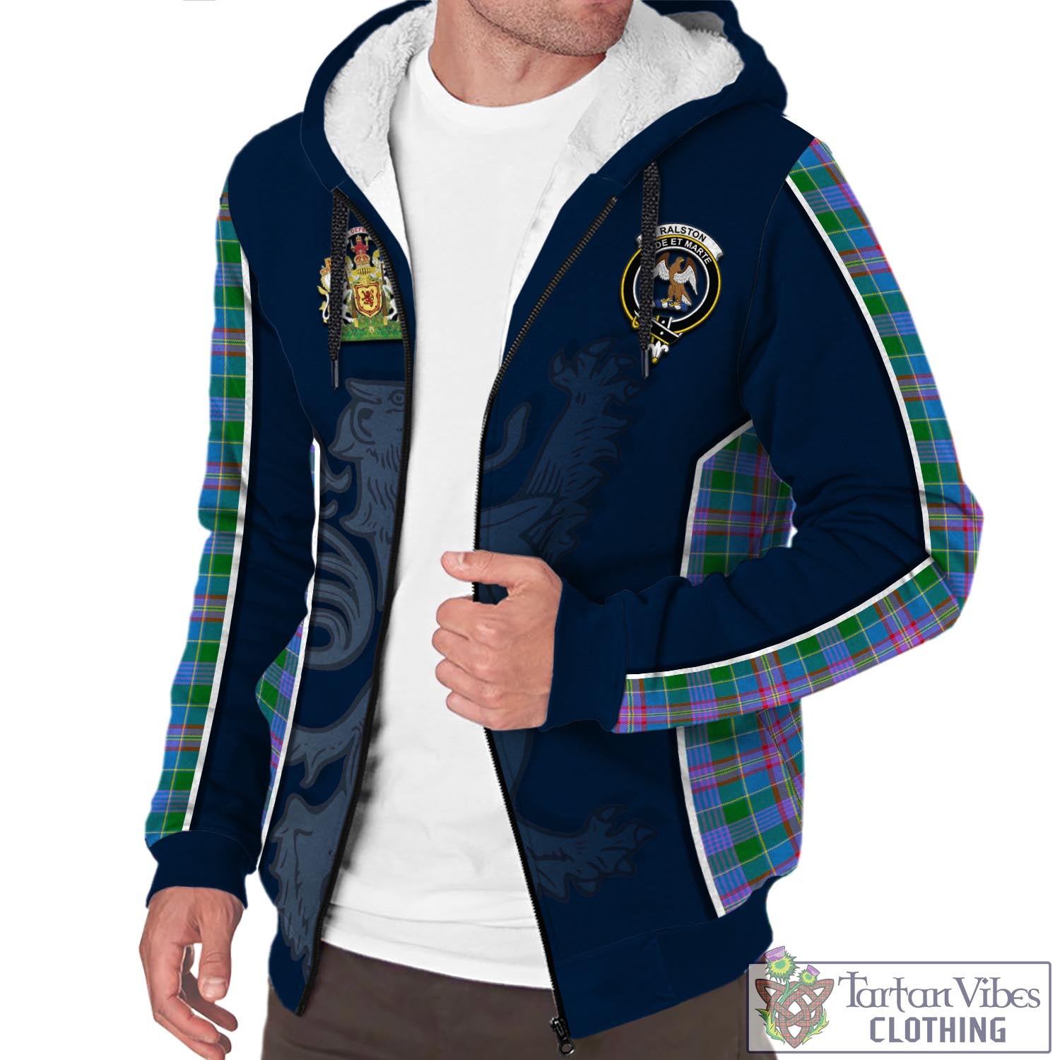 Tartan Vibes Clothing Ralston Tartan Sherpa Hoodie with Family Crest and Lion Rampant Vibes Sport Style