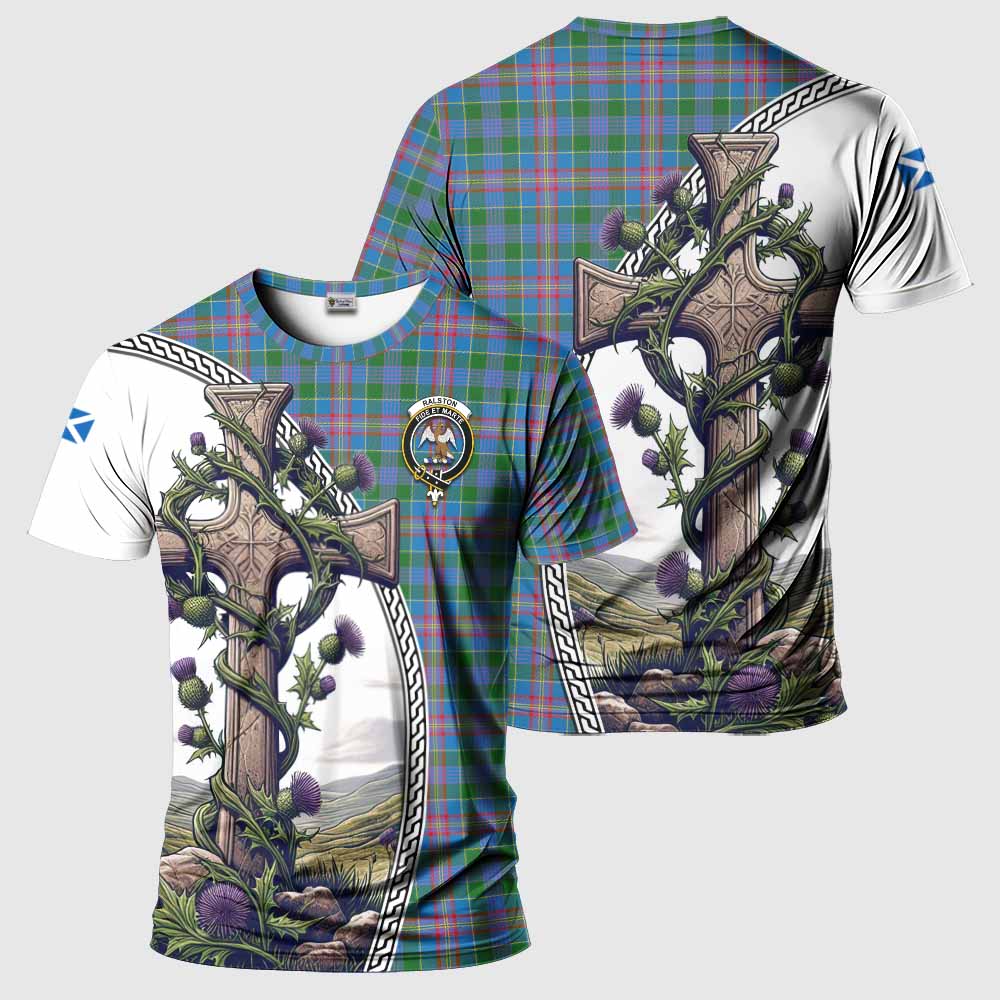 Tartan Vibes Clothing Ralston Agnew Tartan T-Shirt with Family Crest and St. Andrew's Cross Accented by Thistle Vines