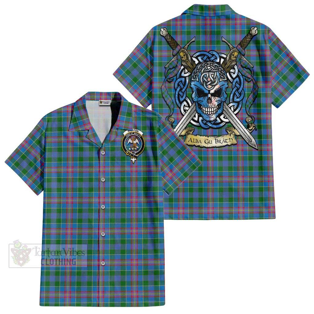 Tartan Vibes Clothing Ralston Tartan Short Sleeve Button Shirt with Family Crest Celtic Skull Style