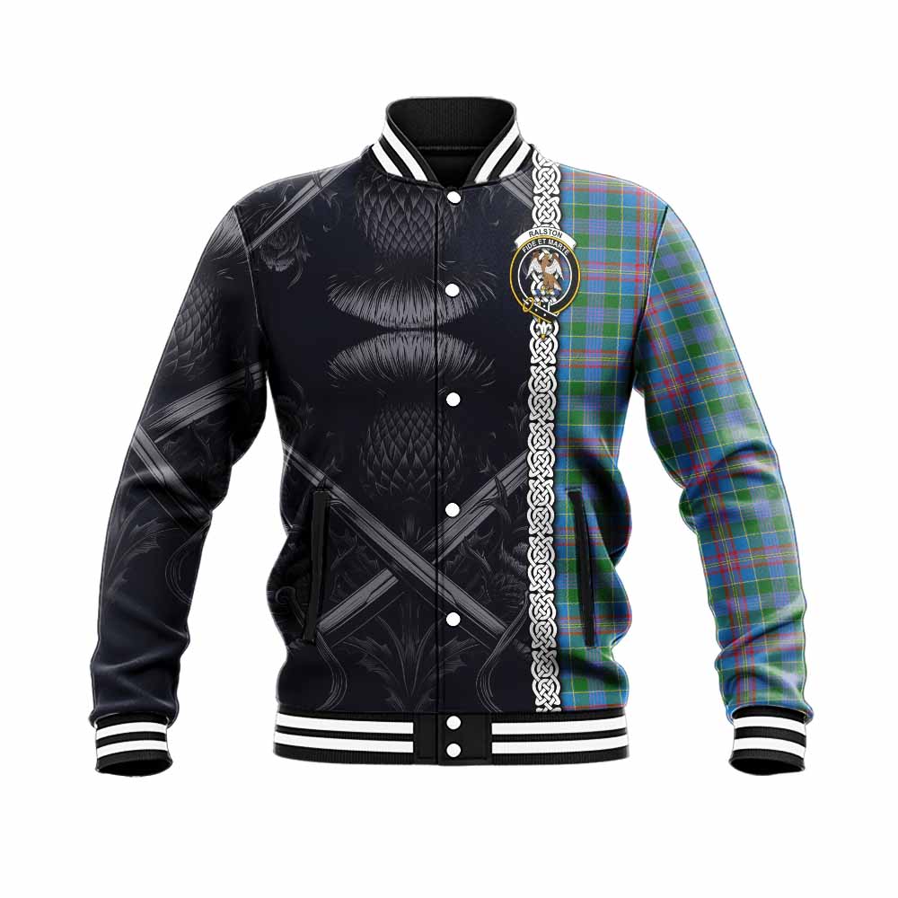 Tartan Vibes Clothing Ralston Tartan Baseball Jacket with Family Crest Cross Sword Thistle Celtic Vibes