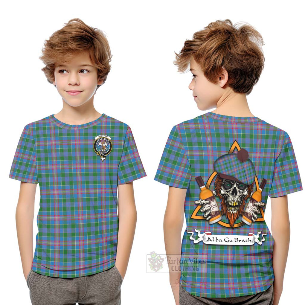 Tartan Vibes Clothing Ralston Tartan Kid T-Shirt with Family Crest and Bearded Skull Holding Bottles of Whiskey