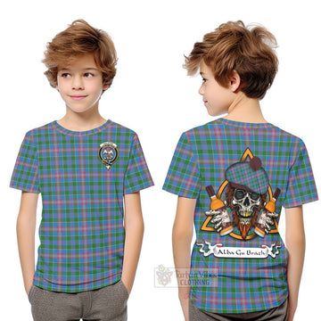 Ralston Tartan Kid T-Shirt with Family Crest and Bearded Skull Holding Bottles of Whiskey