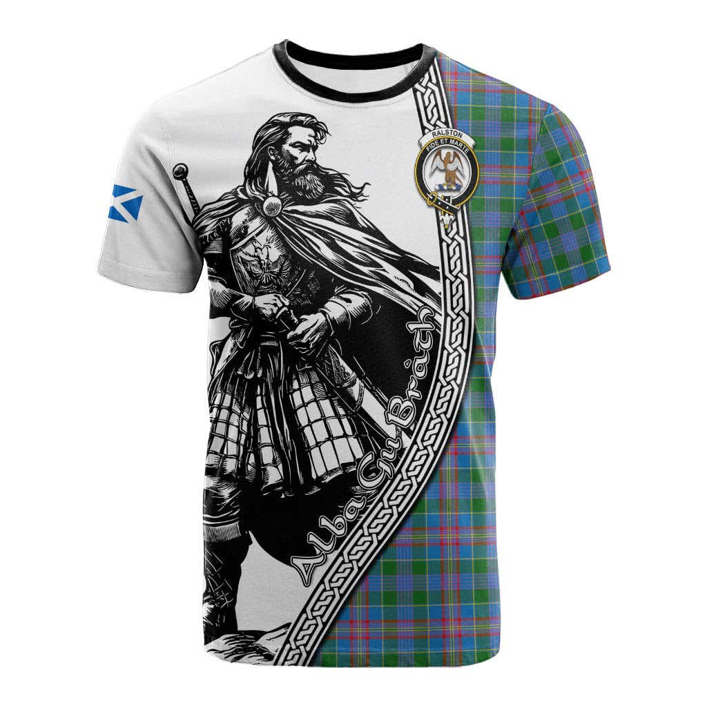 Ralston Tartan Clan Crest Cotton T-shirt with Highlander Warrior Celtic Style