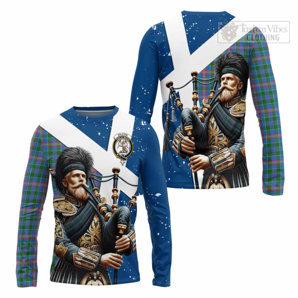 Tartan Vibes Clothing Ralston Tartan Long Sleeve T-Shirt with Family Crest Scottish Bagpiper Vibes