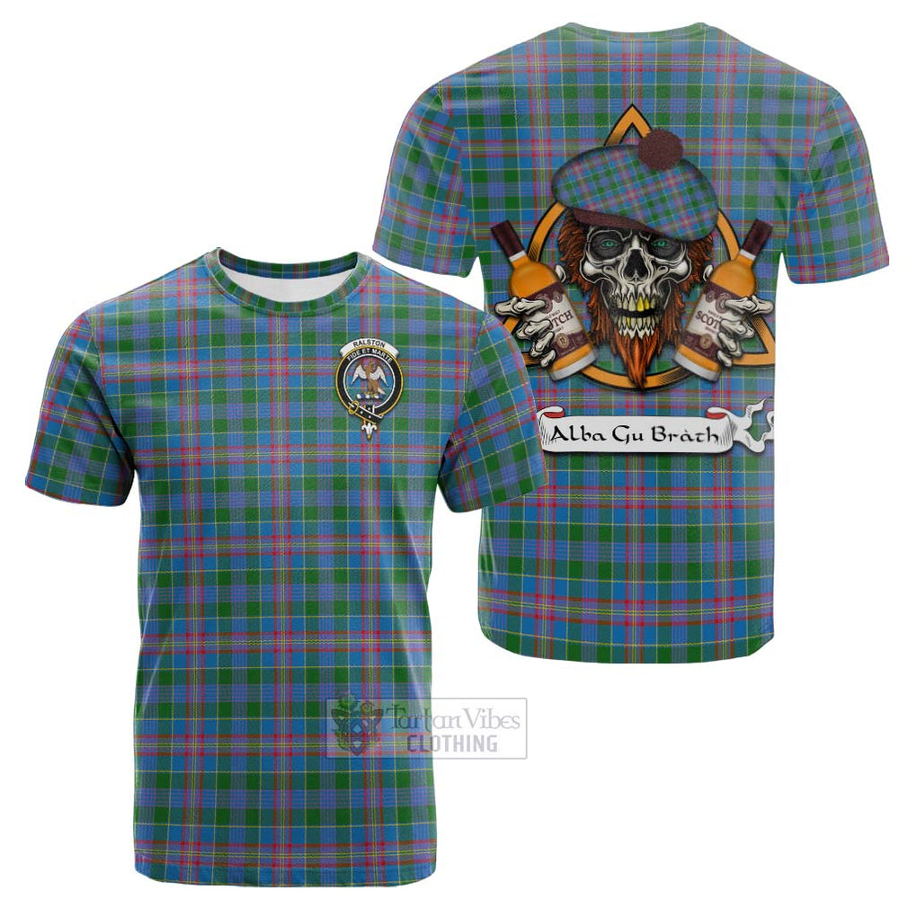 Tartan Vibes Clothing Ralston Tartan Cotton T-shirt with Family Crest and Bearded Skull Holding Bottles of Whiskey