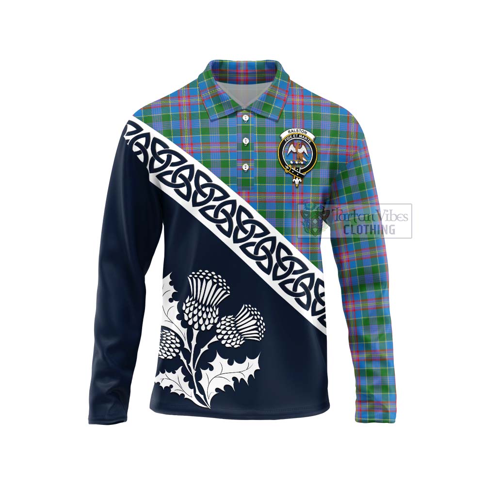 Tartan Vibes Clothing Ralston Tartan Long Sleeve Polo Shirt Featuring Thistle and Scotland Map