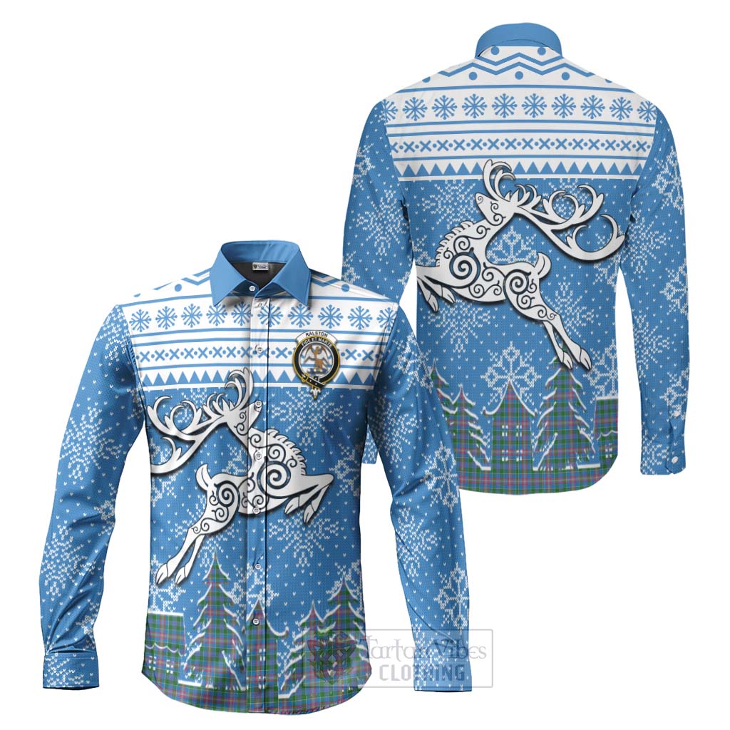 Tartan Vibes Clothing Ralston Clan Christmas Long Sleeve Button Shirt Celtic Reindeer Style