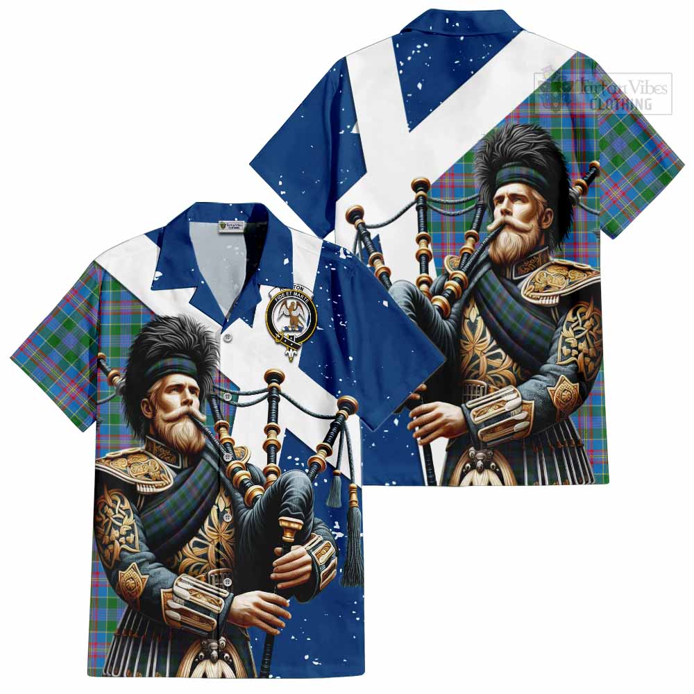 Tartan Vibes Clothing Ralston Tartan Short Sleeve Button Shirt with Family Crest Scottish Bagpiper Vibes