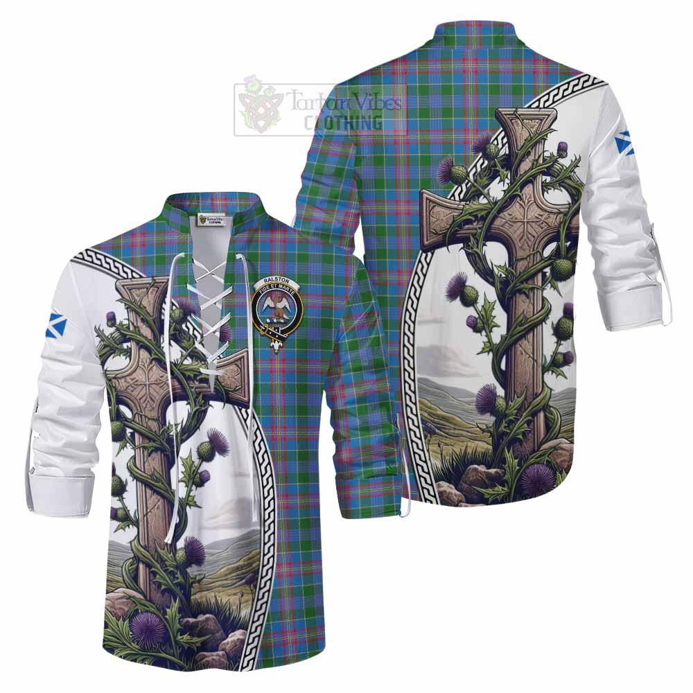 Tartan Vibes Clothing Ralston Tartan Ghillie Kilt Shirt with Family Crest and St. Andrew's Cross Accented by Thistle Vines