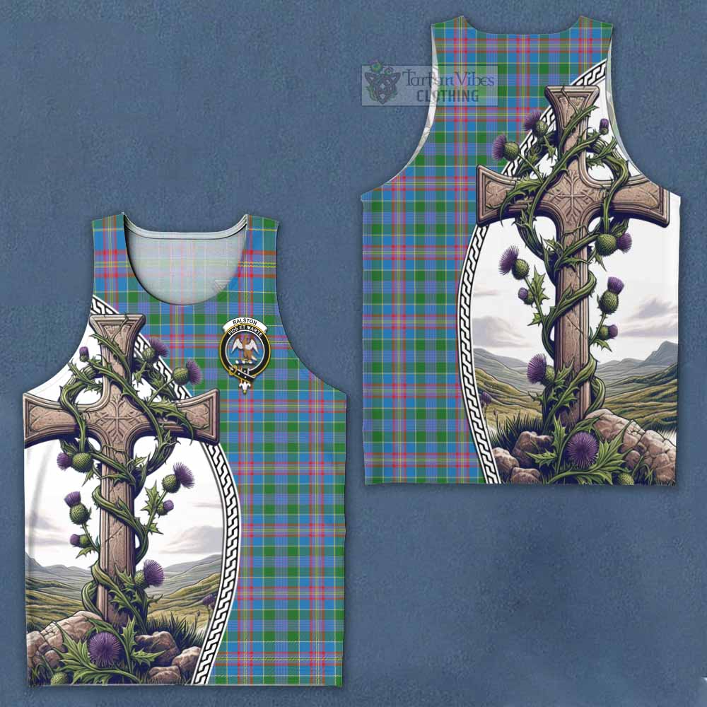 Tartan Vibes Clothing Ralston Tartan Men's Tank Top with Family Crest and St. Andrew's Cross Accented by Thistle Vines