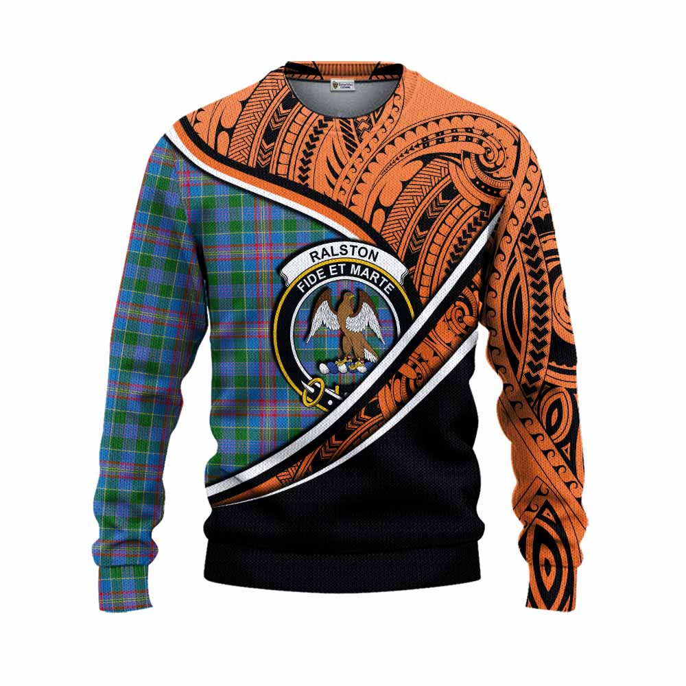 Tartan Vibes Clothing Ralston Crest Tartan Knitted Sweater with Maori Tattoo Style - Orange Version