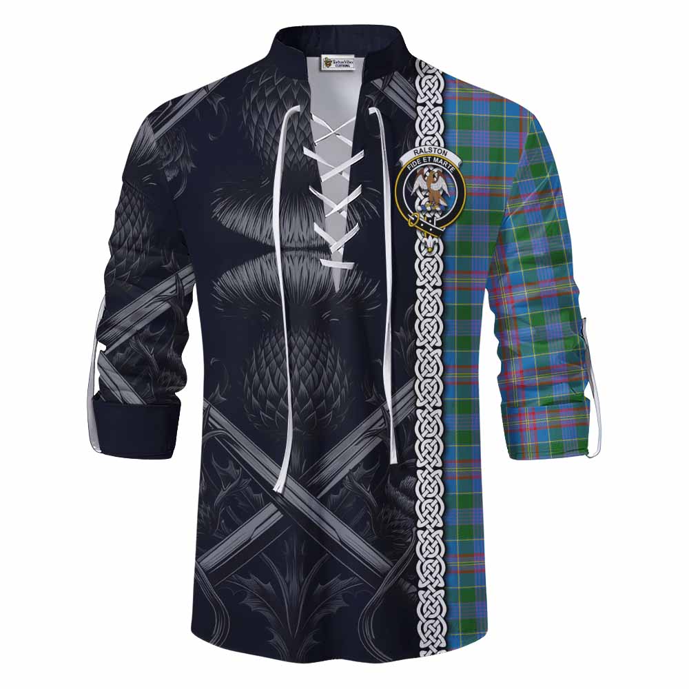 Tartan Vibes Clothing Ralston Tartan Ghillie Kilt Shirt with Family Crest Cross Sword Thistle Celtic Vibes