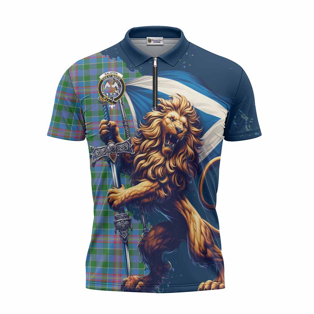 Tartan Vibes Clothing Ralston Tartan Family Crest Zipper Polo Shirt with Scottish Majestic Lion