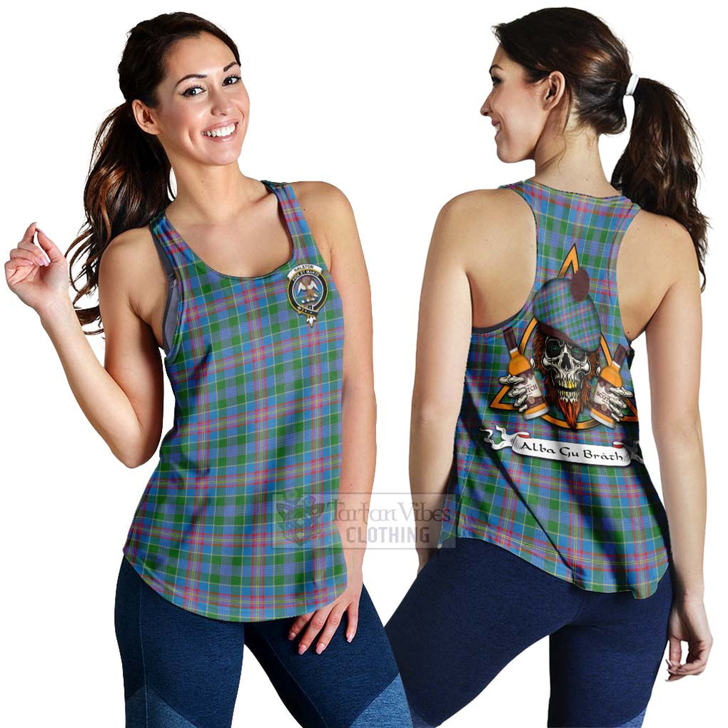 Tartan Vibes Clothing Ralston Tartan Women's Racerback Tanks with Family Crest and Bearded Skull Holding Bottles of Whiskey