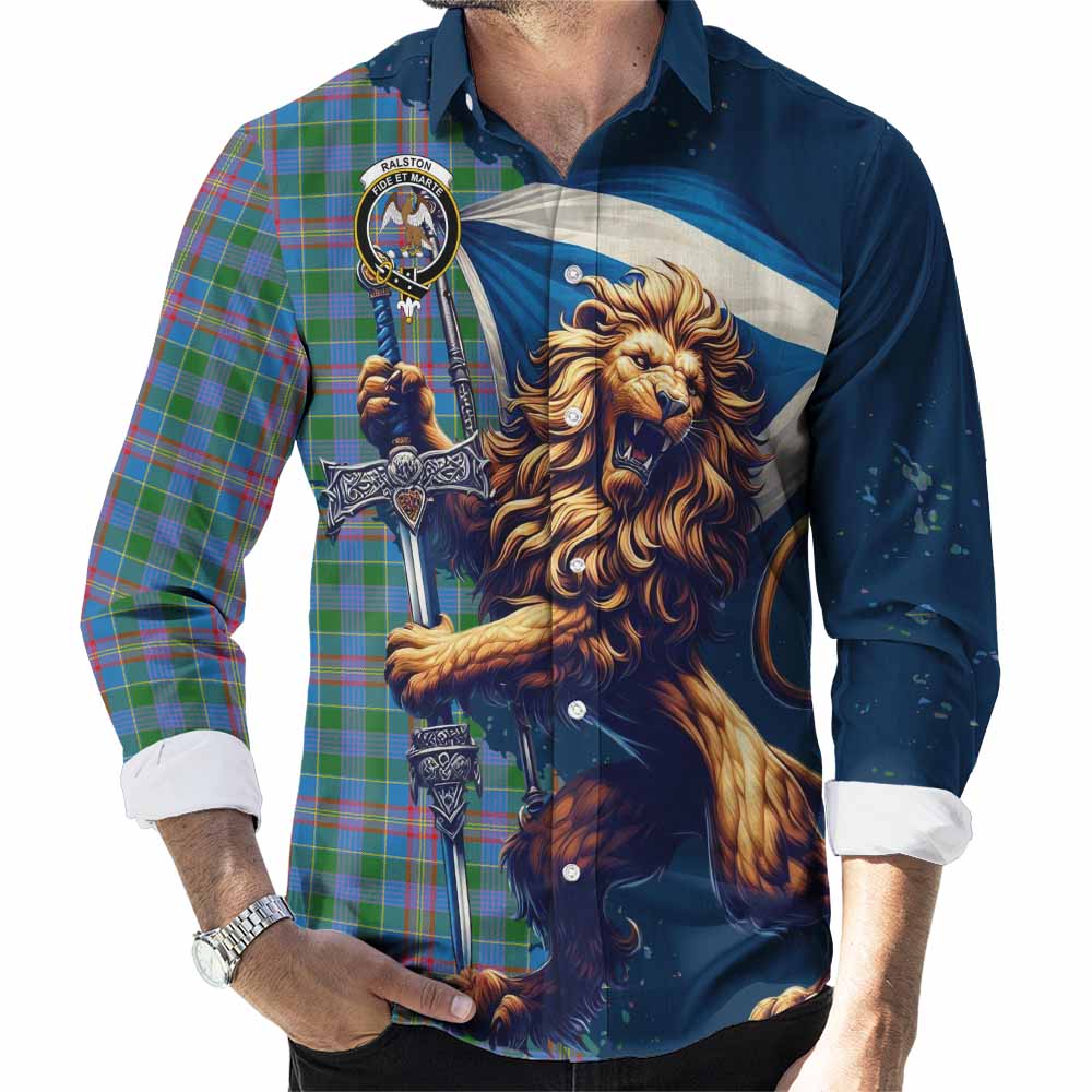 Tartan Vibes Clothing Ralston Tartan Family Crest Long Sleeve Button Shirt with Scottish Majestic Lion