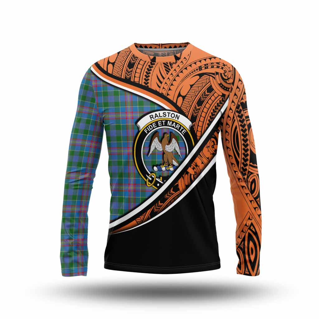 Tartan Vibes Clothing Ralston Crest Tartan Long Sleeve T-Shirt with Maori Tattoo Style - Orange Version