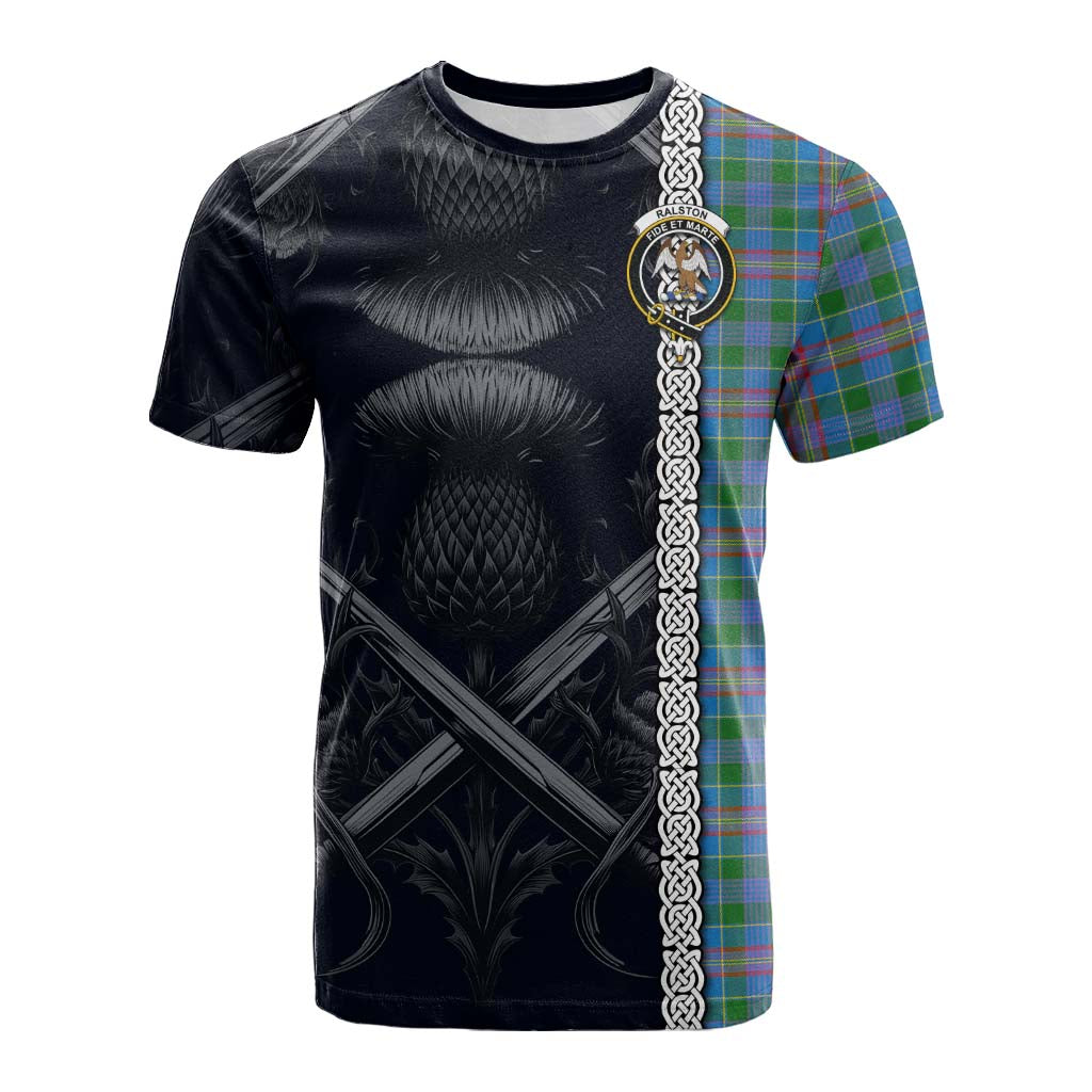 Tartan Vibes Clothing Ralston Tartan Cotton T-shirt with Family Crest Cross Sword Thistle Celtic Vibes