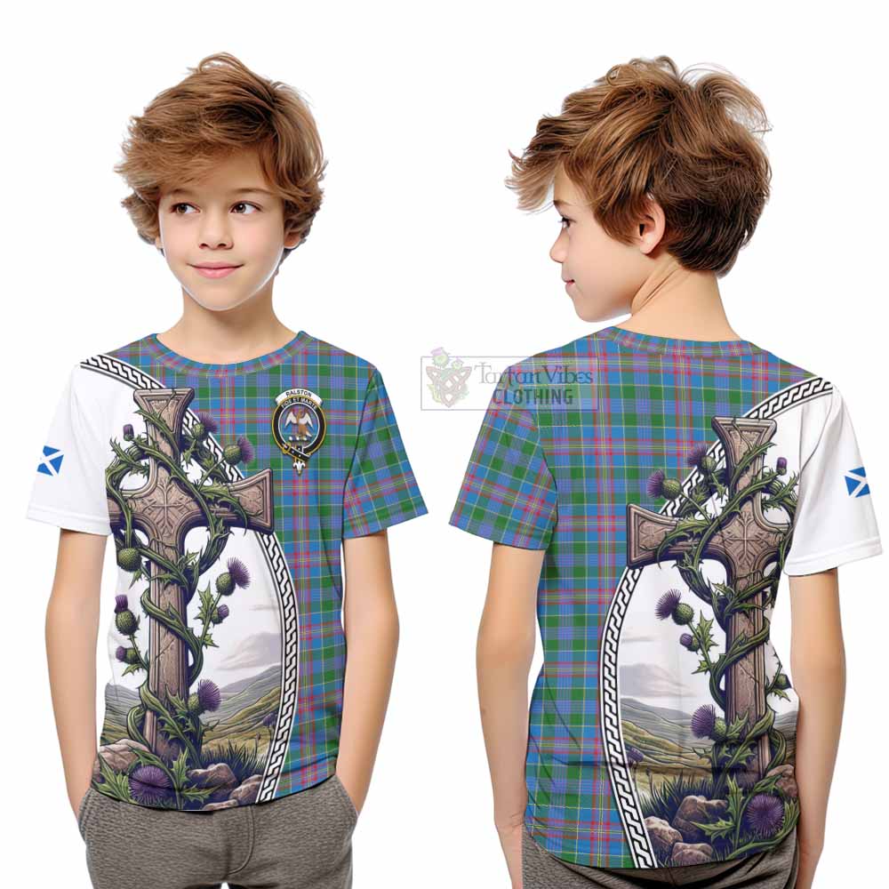 Tartan Vibes Clothing Ralston Tartan Kid T-Shirt with Family Crest and St. Andrew's Cross Accented by Thistle Vines