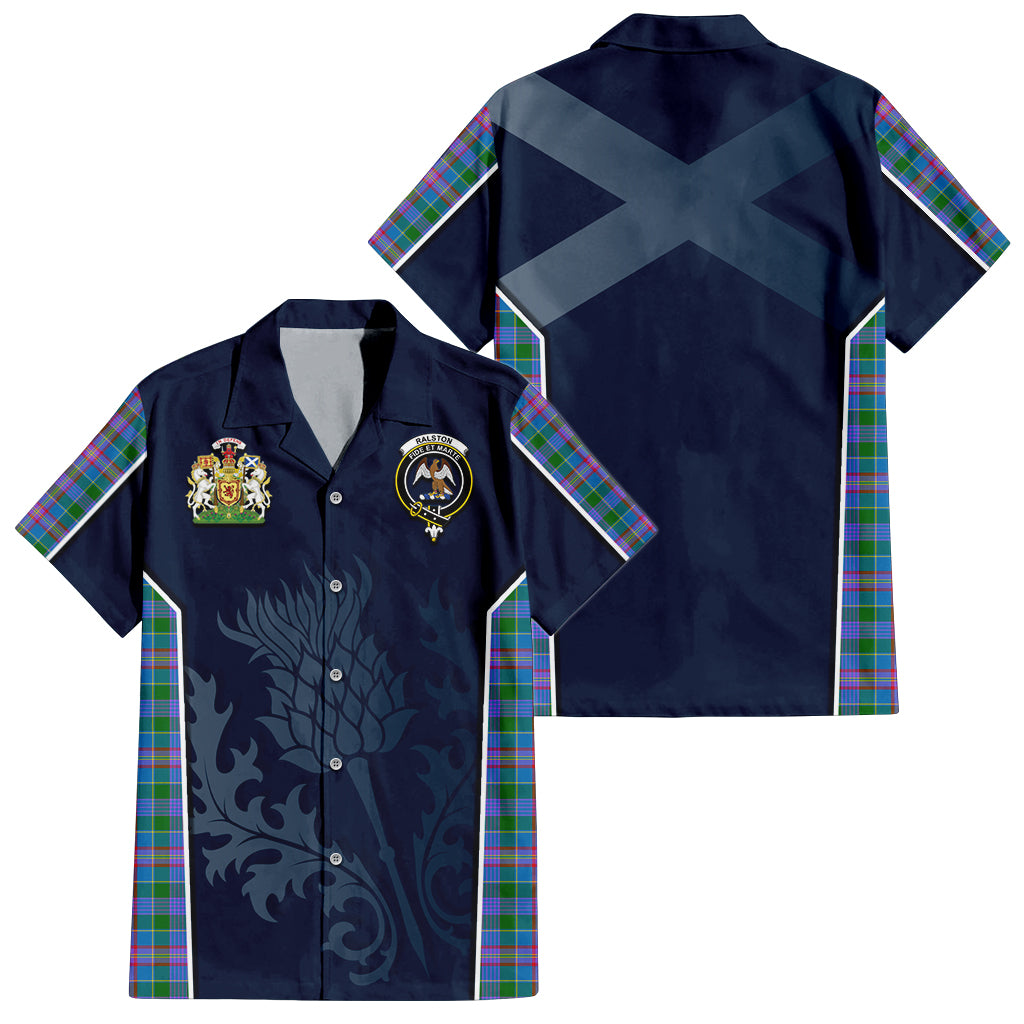 Tartan Vibes Clothing Ralston Tartan Short Sleeve Button Up Shirt with Family Crest and Scottish Thistle Vibes Sport Style