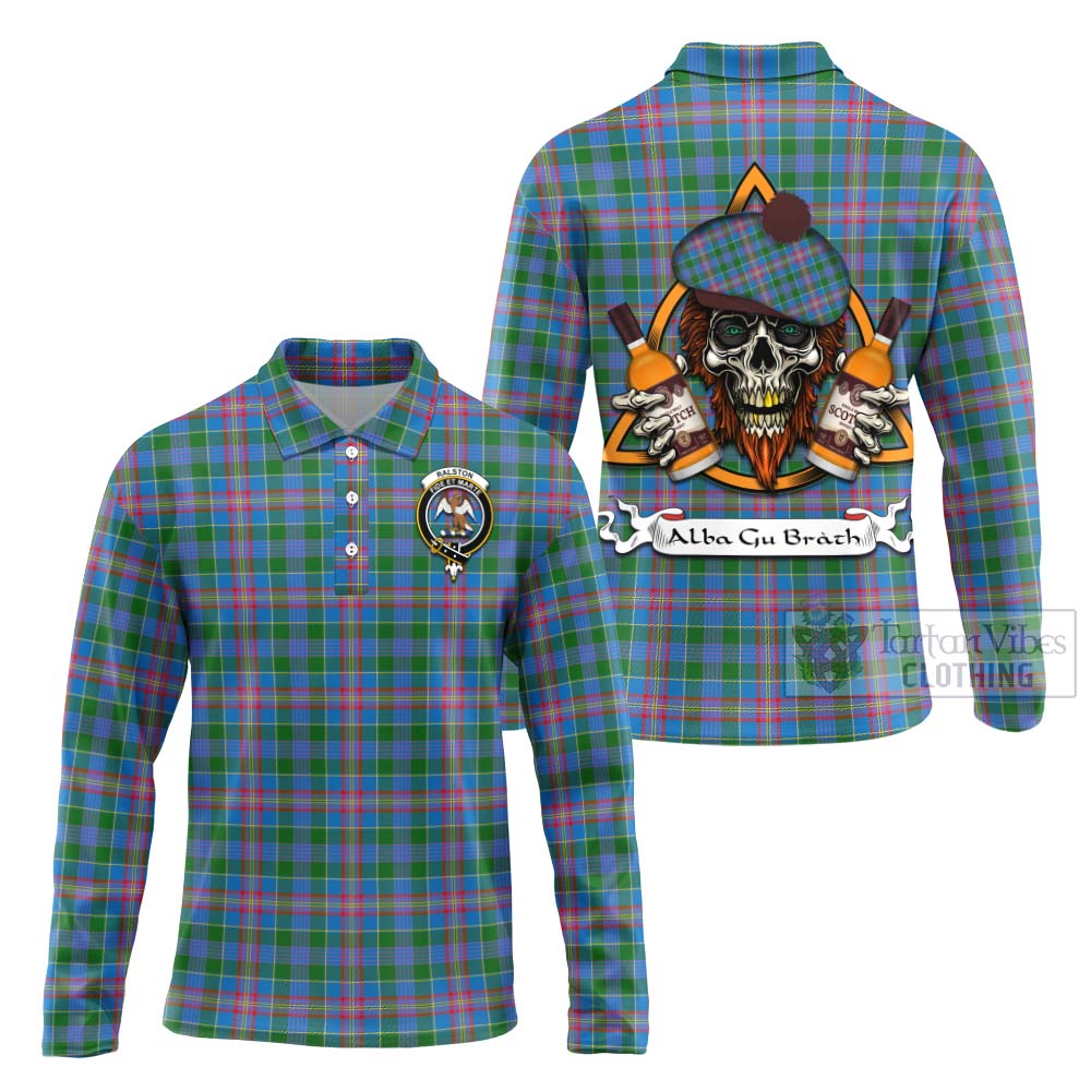 Tartan Vibes Clothing Ralston Tartan Long Sleeve Polo Shirt with Family Crest and Bearded Skull Holding Bottles of Whiskey